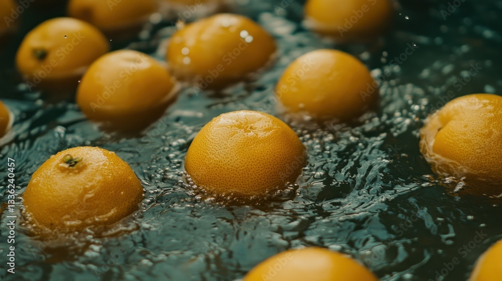 Poster several citrus fruits float within a water filled container