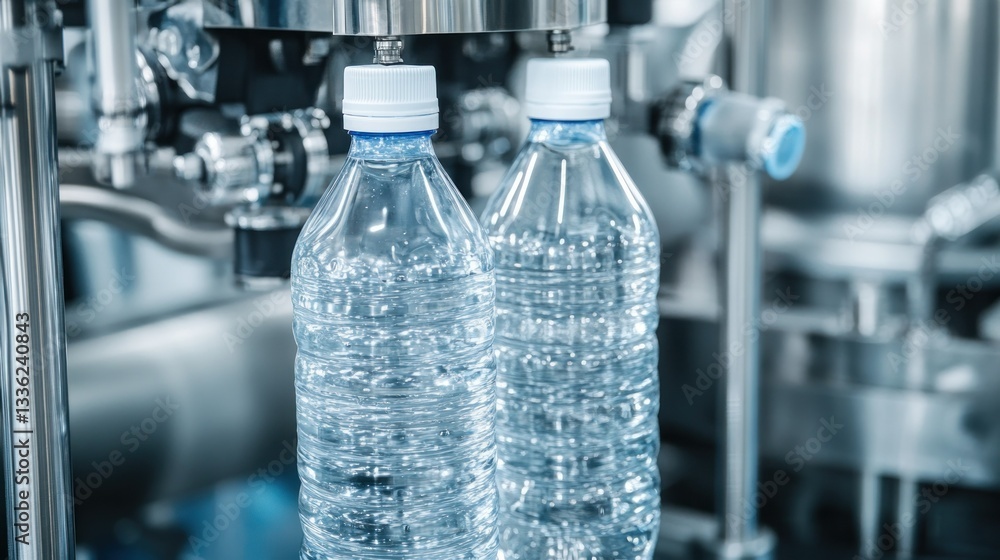 Poster two plastic bottles being filled in an automated factory