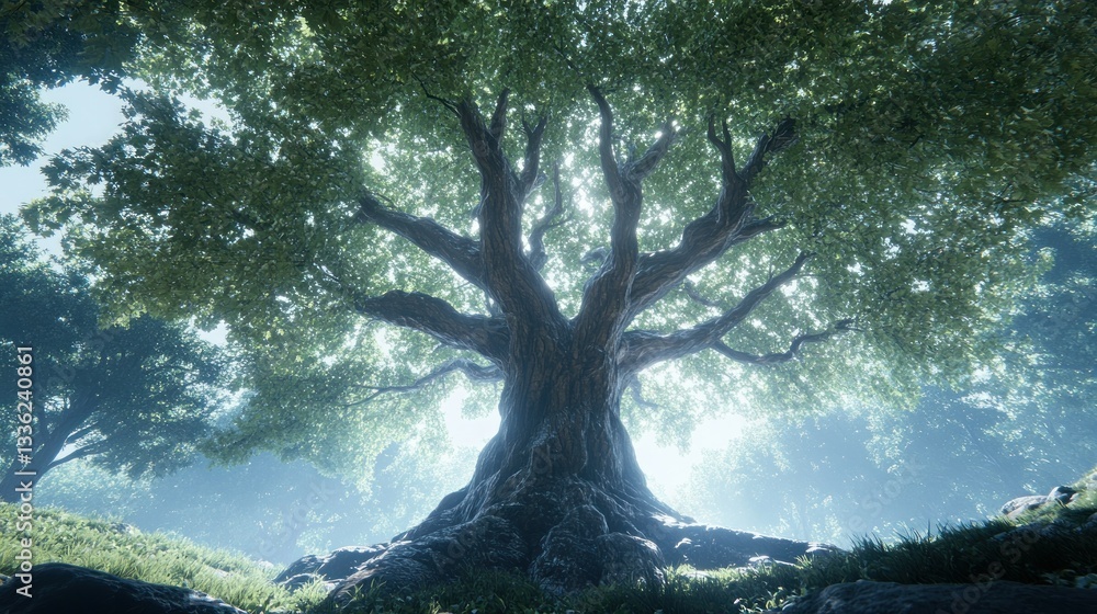 Poster a massive tree with a crown dominating a lush forest scene