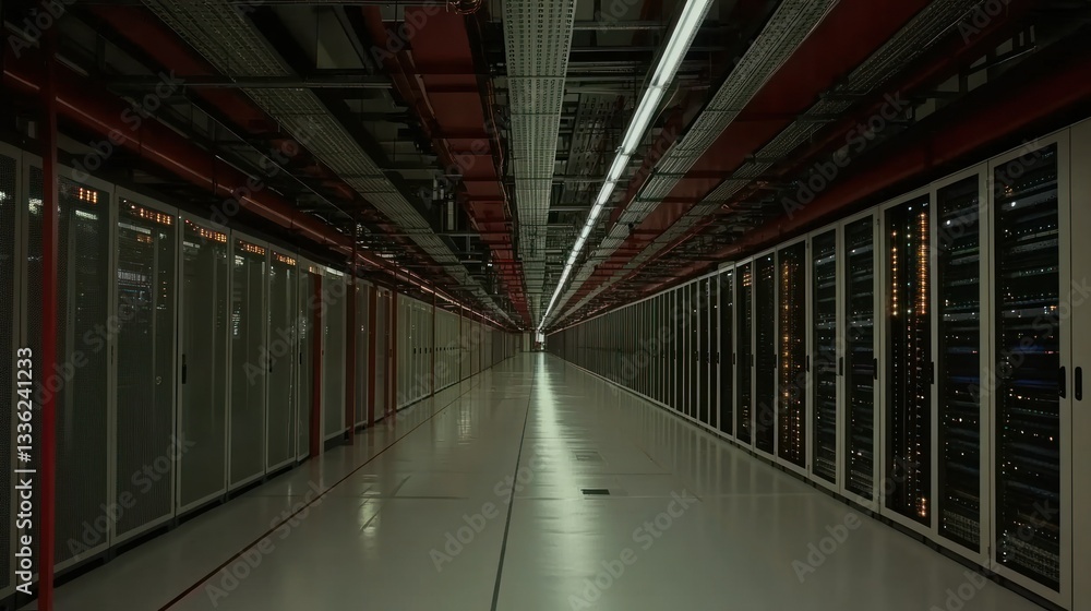 Poster A long hallway with server racks and overhead infrastructure visible