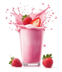 Pink milk splashing from a glass, with Strawberries floating on top of a glass, isolated on a white background. A detailed illustration, high-resolution, professional photograph. The ultra-high-resolu