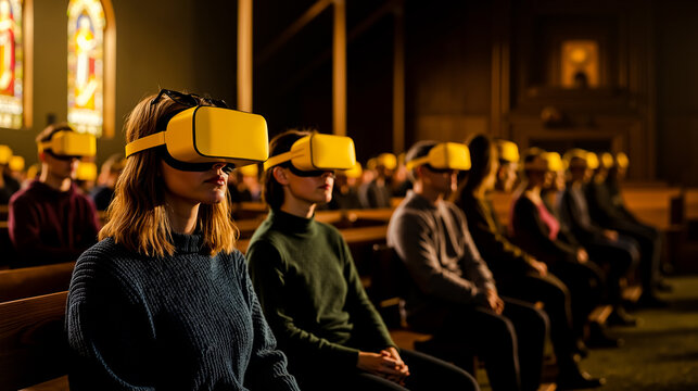 A group of people wearing virtual reality headsets in a church