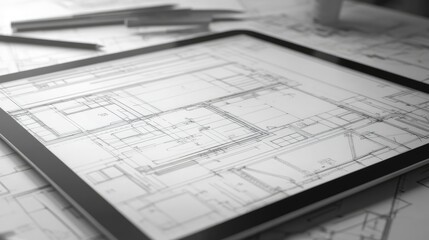 Detailed architectural blueprints displayed on a tablet, surrounded by pens and tools in a design workspace