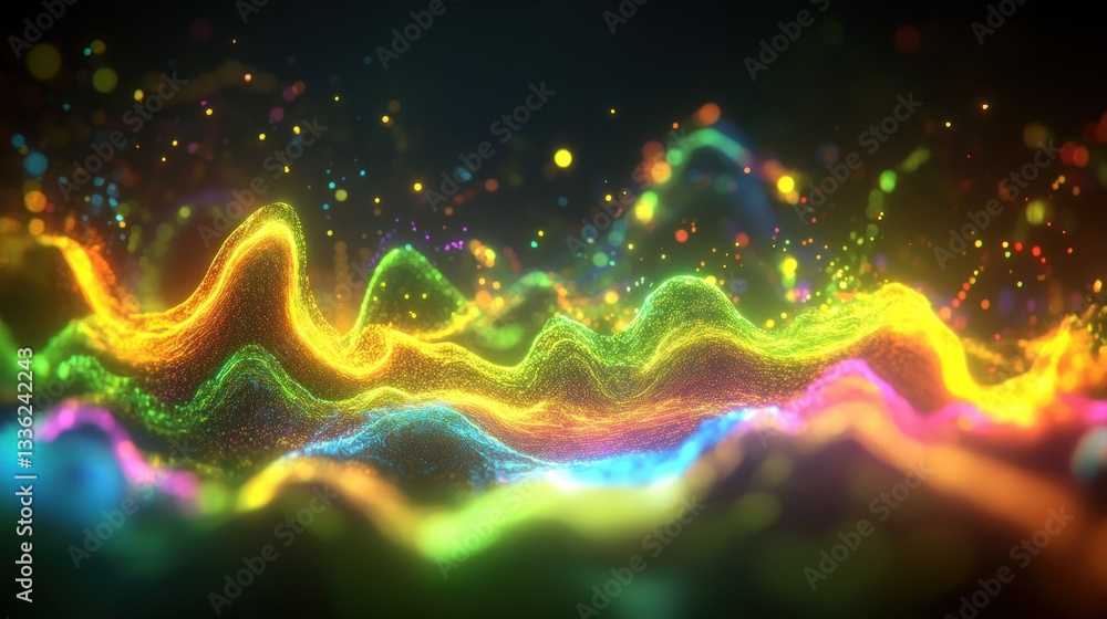 Poster Colorful flowing particles form abstract wave like artistic display