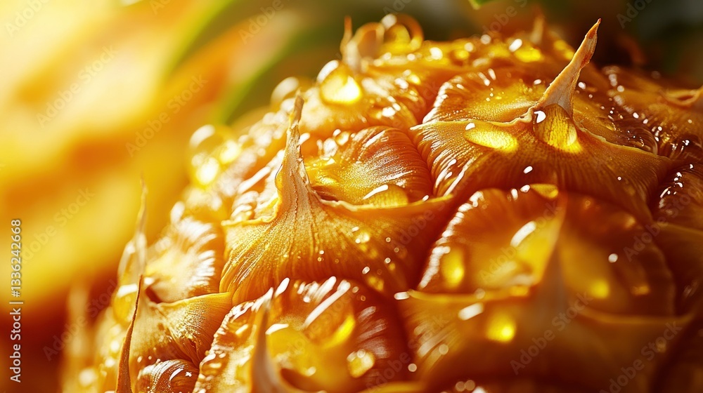 Poster a close up image shows a textured pineapple surface