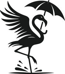 black and white of a flamingo holding an umbrella in the wind