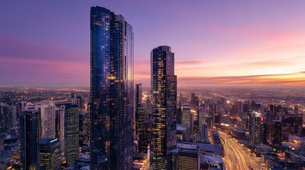Melbourne's skyline during twilight with modern skyscrapers and light trails