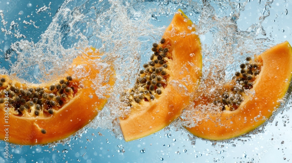 Poster three ripe papaya slices are surrounded by splashing water droplets