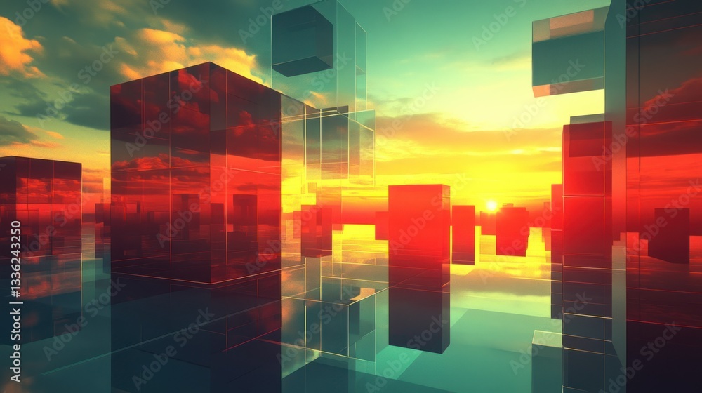 Poster abstract cityscape with transparent block structures during sunset golden hour