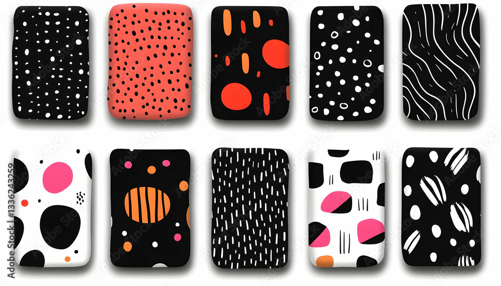Poster twelve distinct abstract patterns featuring varied shapes, colors, and textures in a minimalist styl
