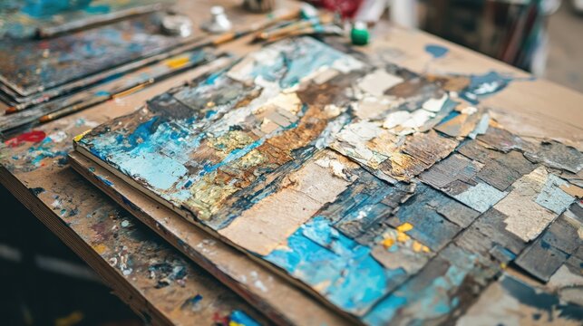 Textured Art Canvas with Colorful Layers and Painting Tools Nearby - Powered by Adobe