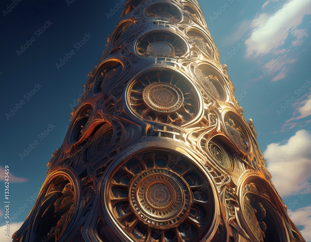 Poster a futuristic metallic tower with fractal patterns carved into its sides.