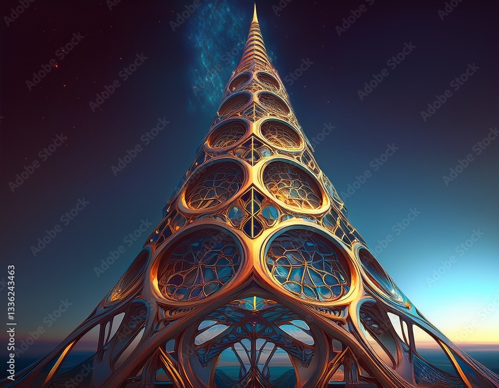 Poster a futuristic metallic tower with fractal patterns carved into its sides.