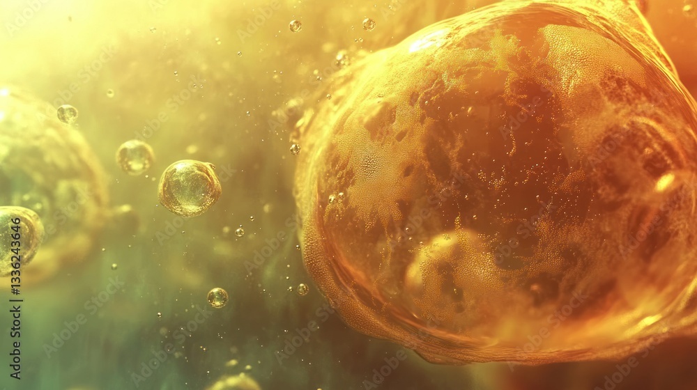 Poster an abstract view of large spheres and bubbles in liquid