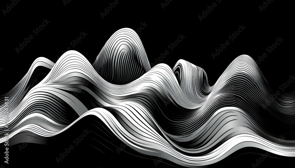 Poster abstract grayscale waves undulate, creating a dynamic, flowing pattern against a stark black backdro