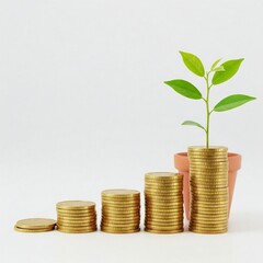 golden coins stacked in increasing order with green plant growing out of pot  on white background