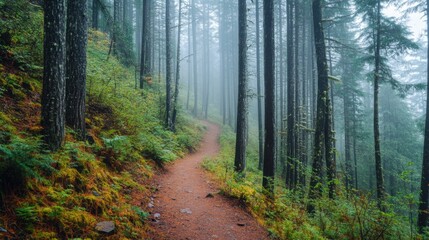 Obraz premium A winding forest trail with thick trees and misty air, leading deep into a remote adventure destination.