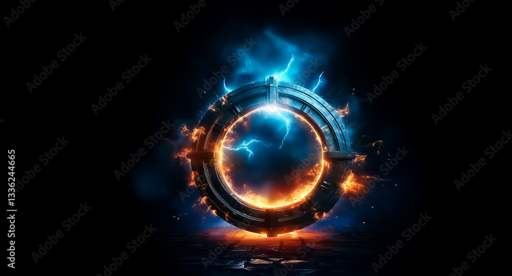 Leinwandbilder a glowing metallic ring is suspended against a dark backdrop. blue electric sparks emanate from the 