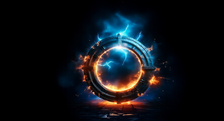 A glowing metallic ring is suspended against a dark backdrop. Blue electric sparks emanate from the top, contrasting with the fiery orange energy at the bottom of the circular shape, creating a dynami