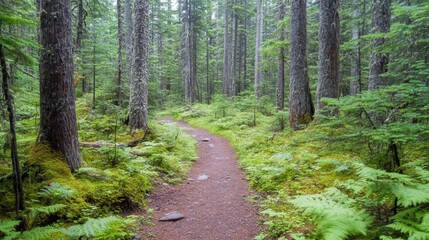 Obraz premium A winding mountain biking trail cutting through dense forests, with steep drops and sharp turns.