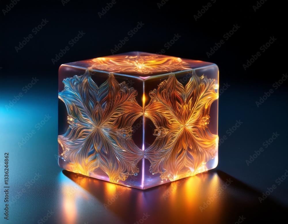 Poster a glowing jelly cube with intricate patterns suspended within.
