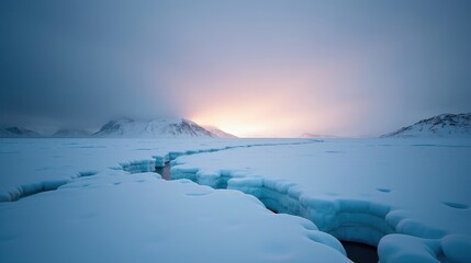 Fototapeta premium Icy polar desert at dusk, engulfed in a fierce blizzard. Towering ice formations blur in the snowstorm, creating an eerie and desolate spring landscape with an unforgiving atmosphere.