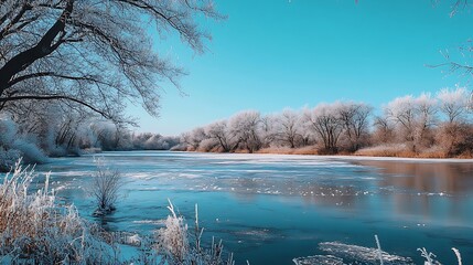 snow covered trees by frozen winding river image