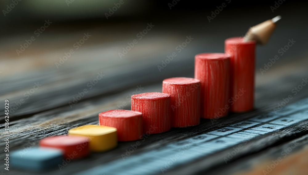 Poster ascending colorful wooden blocks represent growth and progress on a rustic surface. a small pencil p