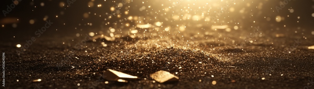 Poster glittering particles shimmer above an earthy and dark surface layer
