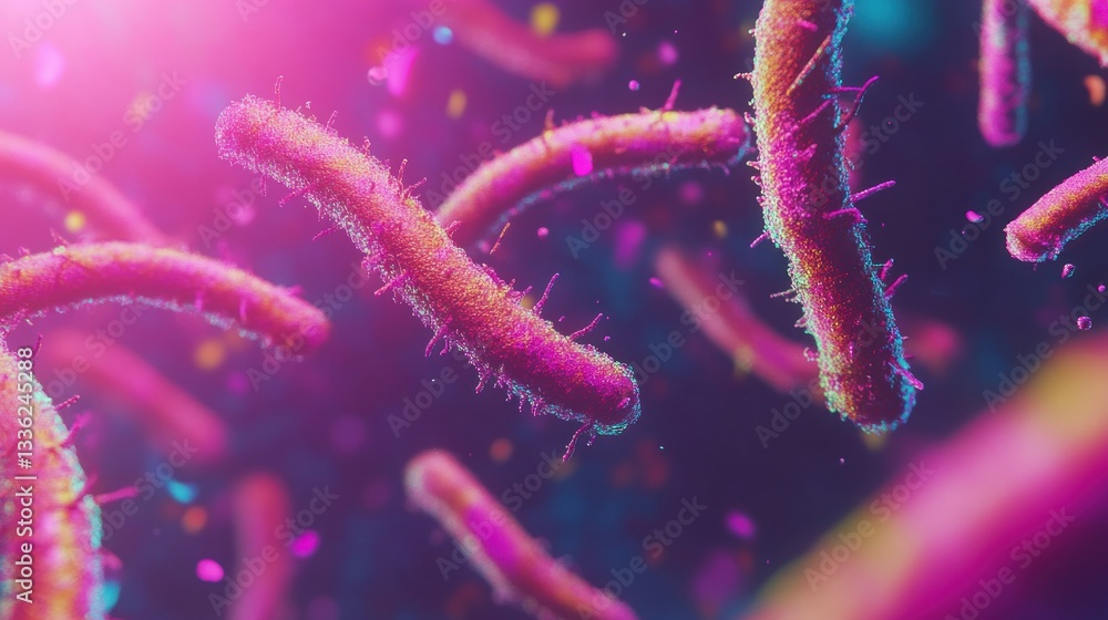 Poster Numerous colorful microbes floating against a dark gradient background