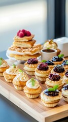 Exquisite Dessert Assortment: A delectable array of beautifully arranged mini pastries and waffles with various toppings, a delightful culinary display.