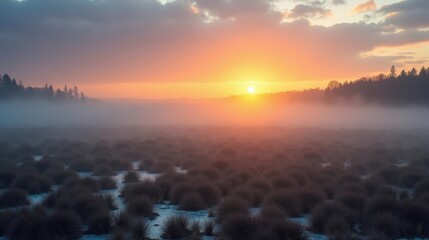 Refreshing alluvial plains at sunrise, wrapped in winter mist. The soft golden light enhances the rolling landscape, where rivers weave through frost-covered grasses under a tranquil sky.