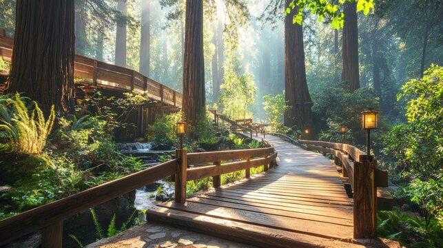 scenic wooden pathway surrounded by tall trees and lush greenery, illuminated by soft morning light