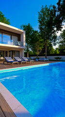 Fototapeta premium A large swimming pool with lounge chairs next to a house