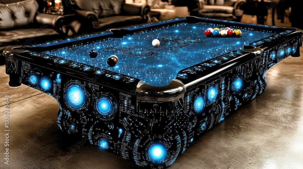 Poster a futuristic pool table featuring electronic components and illuminated spheres