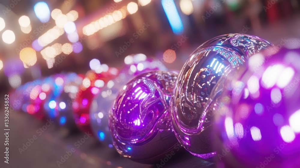Poster colorful reflective spheres are arranged in a row with blurry lights