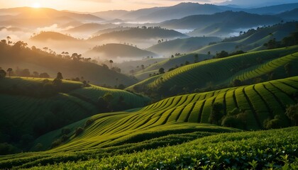 Fototapeta premium Tea Plantation in Misty Hills at Sunrise