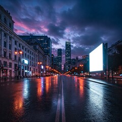 Obraz premium empty city street at night with tall buildings illuminated under a purple cloudy sky and a blank billboard
