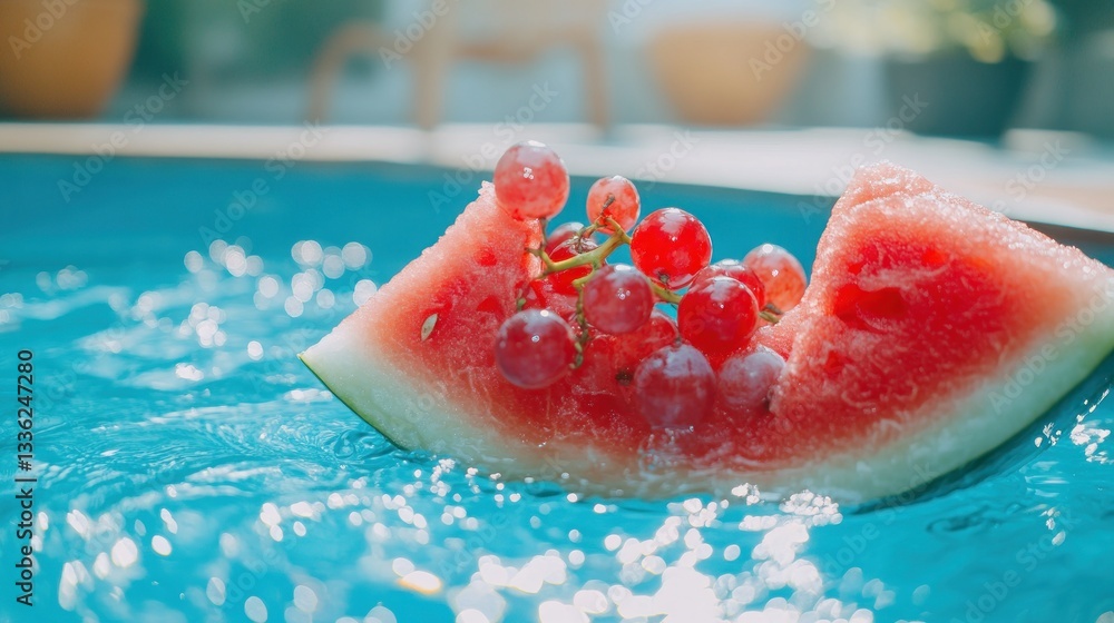 Poster watermelon slice and grapes floating in a bright blue pool