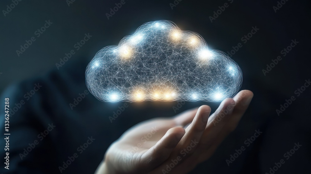 Poster Person holding a glowing cloud representing data and computing