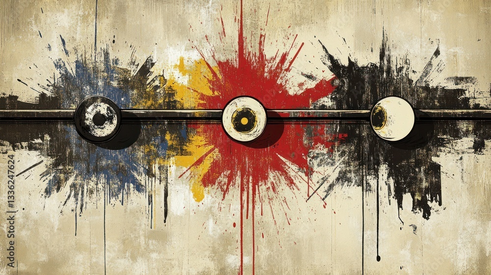Poster Three abstract circular shapes surrounded by colorful paint splatters