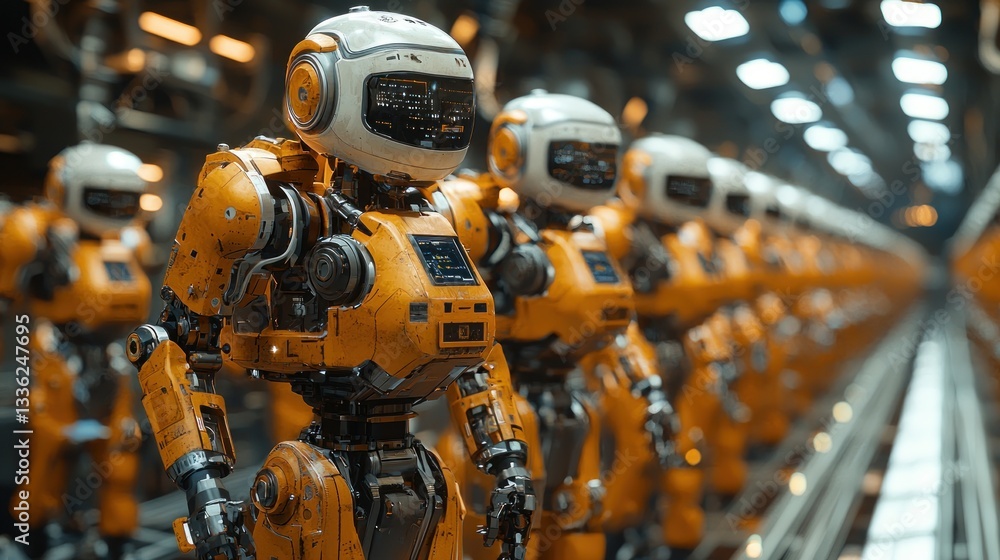 Aufkleber orange robots standing in a row in a futuristic factory.