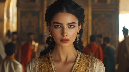 Elegant woman in ornate attire, poised in a grand hall.