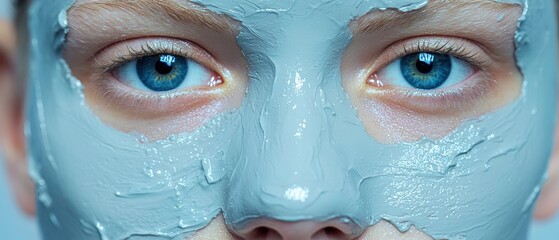 Person wearing a pale blue clay mask with striking blue eyes in light setting