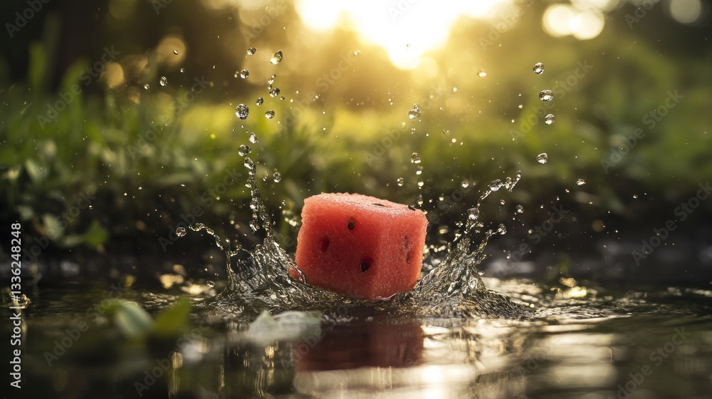 Poster Watermelon cube creating a splash in a shallow body of water