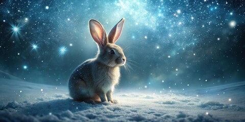 A lone bunny sits peacefully in a snowy landscape under a breathtaking night sky, gazing toward the celestial wonders above.