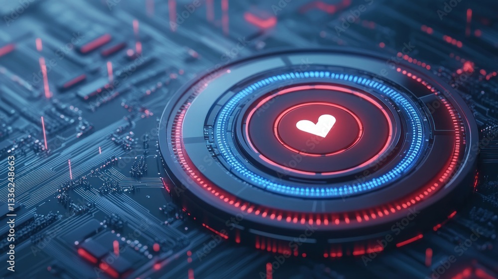 Poster a glowing white heart symbol appears on a circuit board design