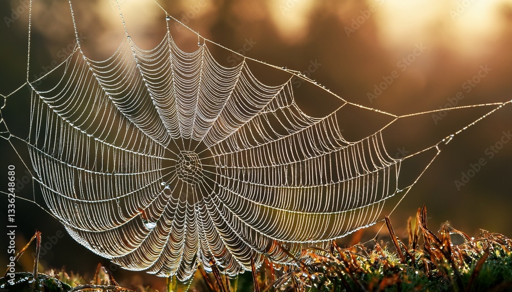 Poster a spiderweb spun from metallic threads glittering under dew.