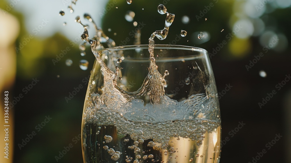 Poster clear liquid splashes from a glass creating dynamic water droplets