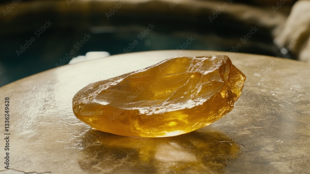 Poster a translucent golden gem is sitting on a reflective surface